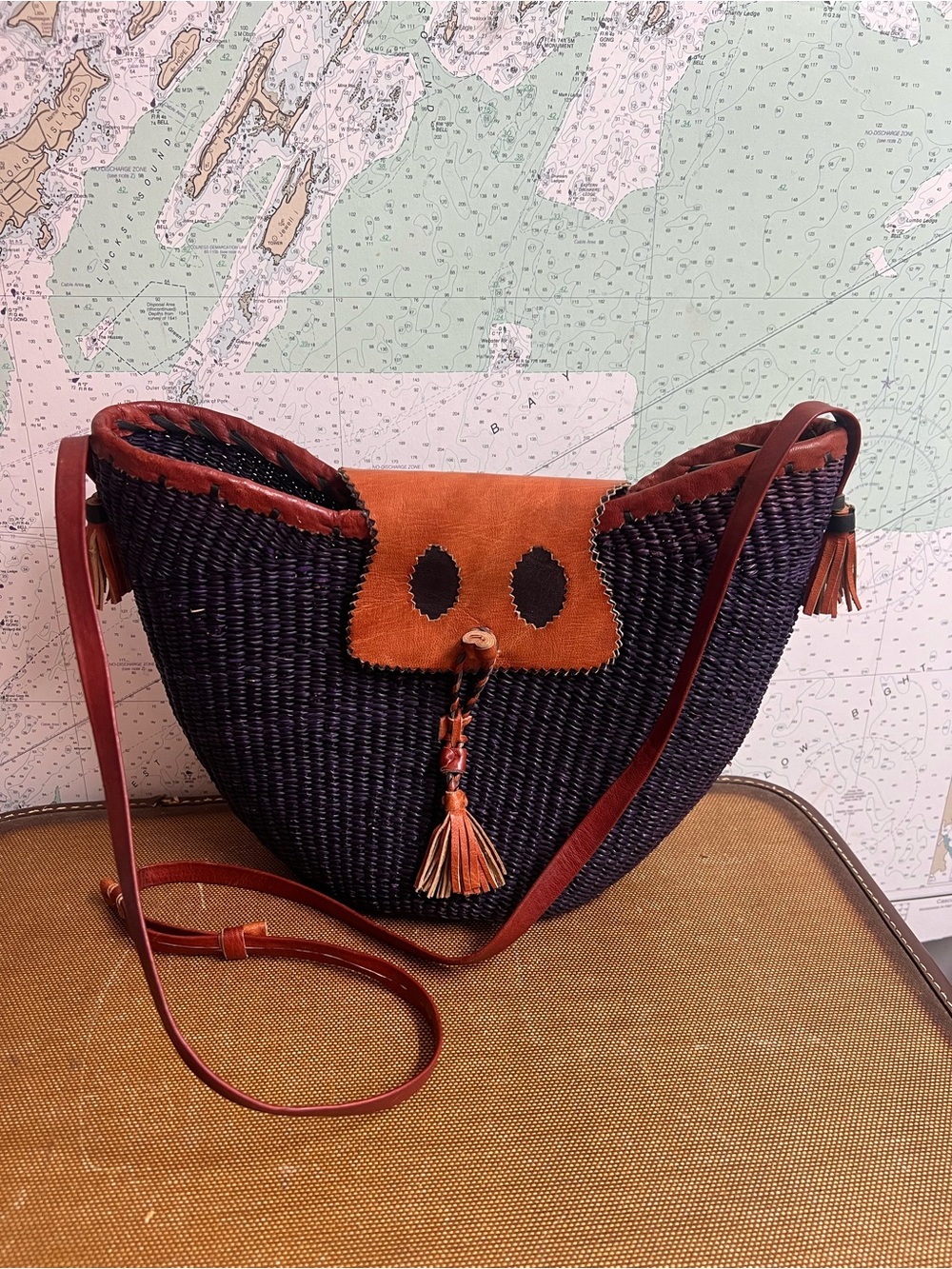 Handmade Purple Woven Bucket Purse Adjustable Strap Leather Details